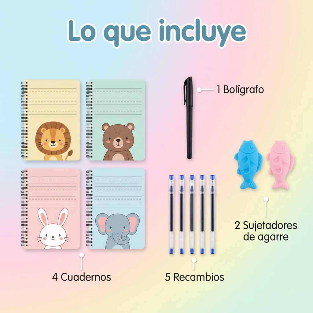 Lo que incluye - cuadernos, boligrafo, recambios, sujetadores