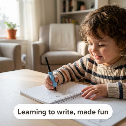 Child practicing handwriting with the grooved copybook